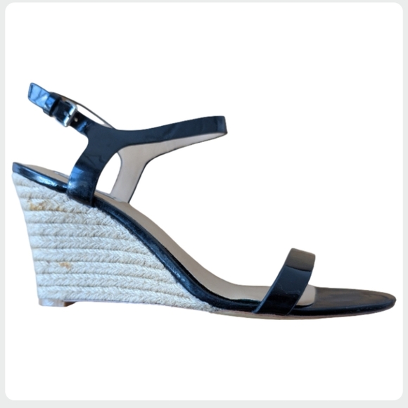Badgley Mischka Black Patent Leather Espadrille Wedge Sandals Size 8.5 - Picture 1 of 11